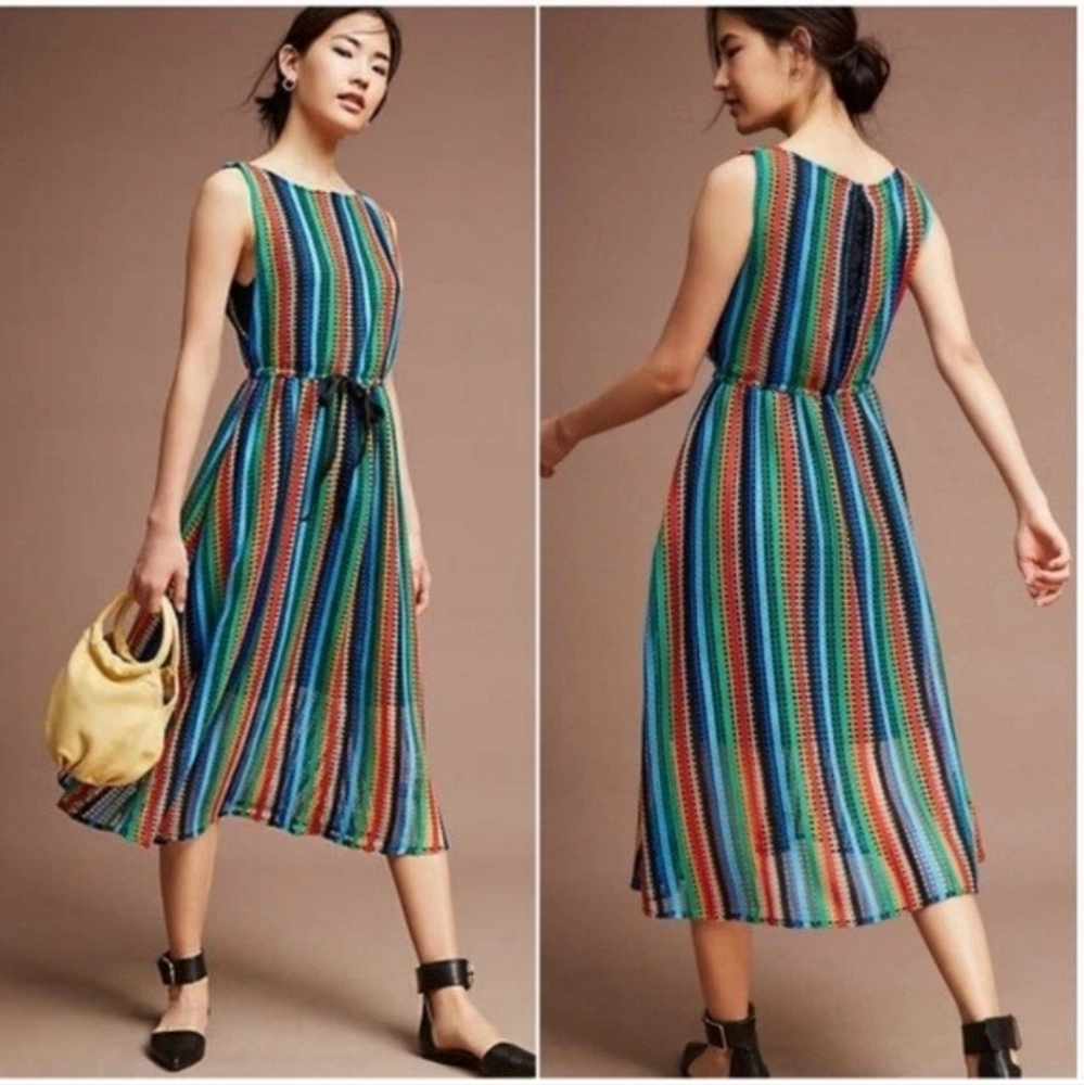 Anthropologie Eva Franco Crochet Ladder Lace Rainbow Stripe Midi Sheath Dress